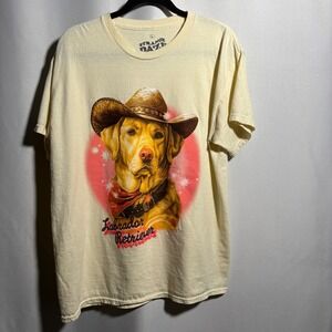Strange Daze T Shirt Golden Lab Dog‎ Cowboy Hat Graphic Print Cream L Cotton